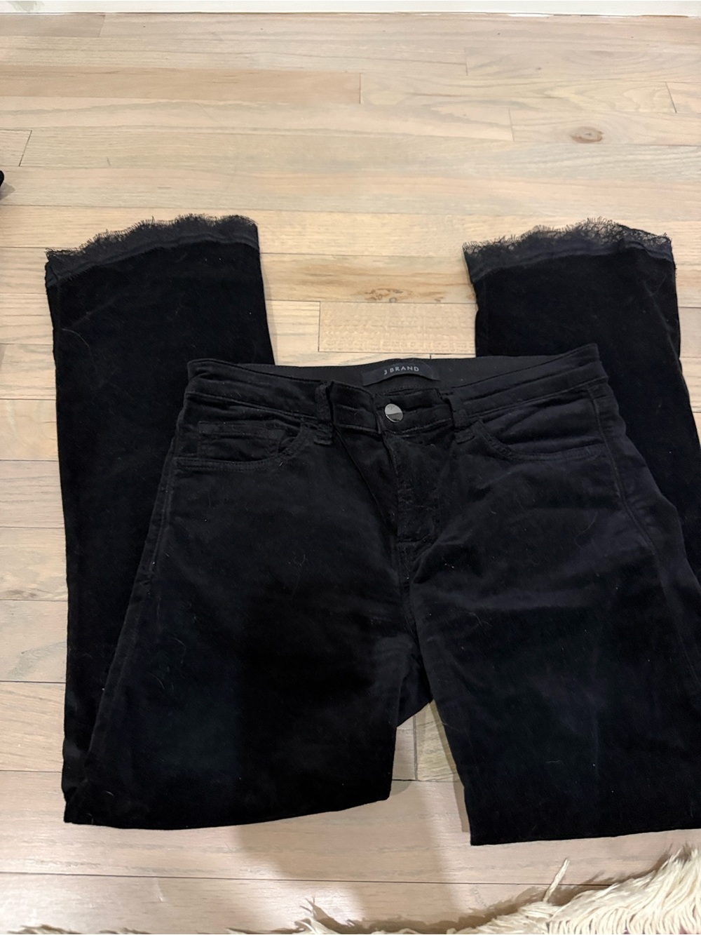 J Brand Black Velvet Straight-Leg jeans with  Lace cuff